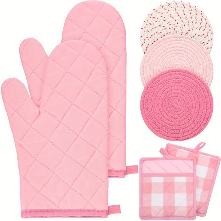 7-Sets Heat-Resistant Oven Mitts and Pot Holders with Striped Pink White - Kitchen Gloves Potholder Pads Suitable for Cooking Christmas Gifts for Women Farmhouse Accessories 7 Sets