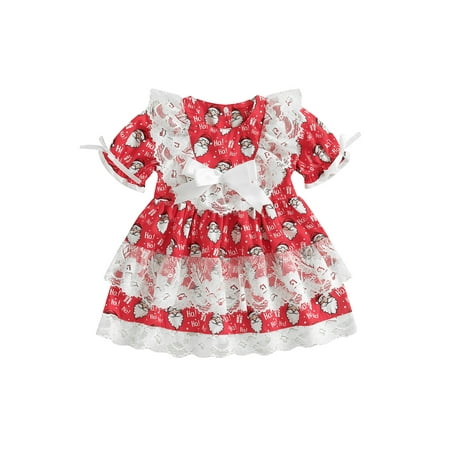 

Ma&Baby Christmas Kids Baby Girls Sweet Dress Casual Santa Claus Print Short Sleeve Floral Lace Dress
