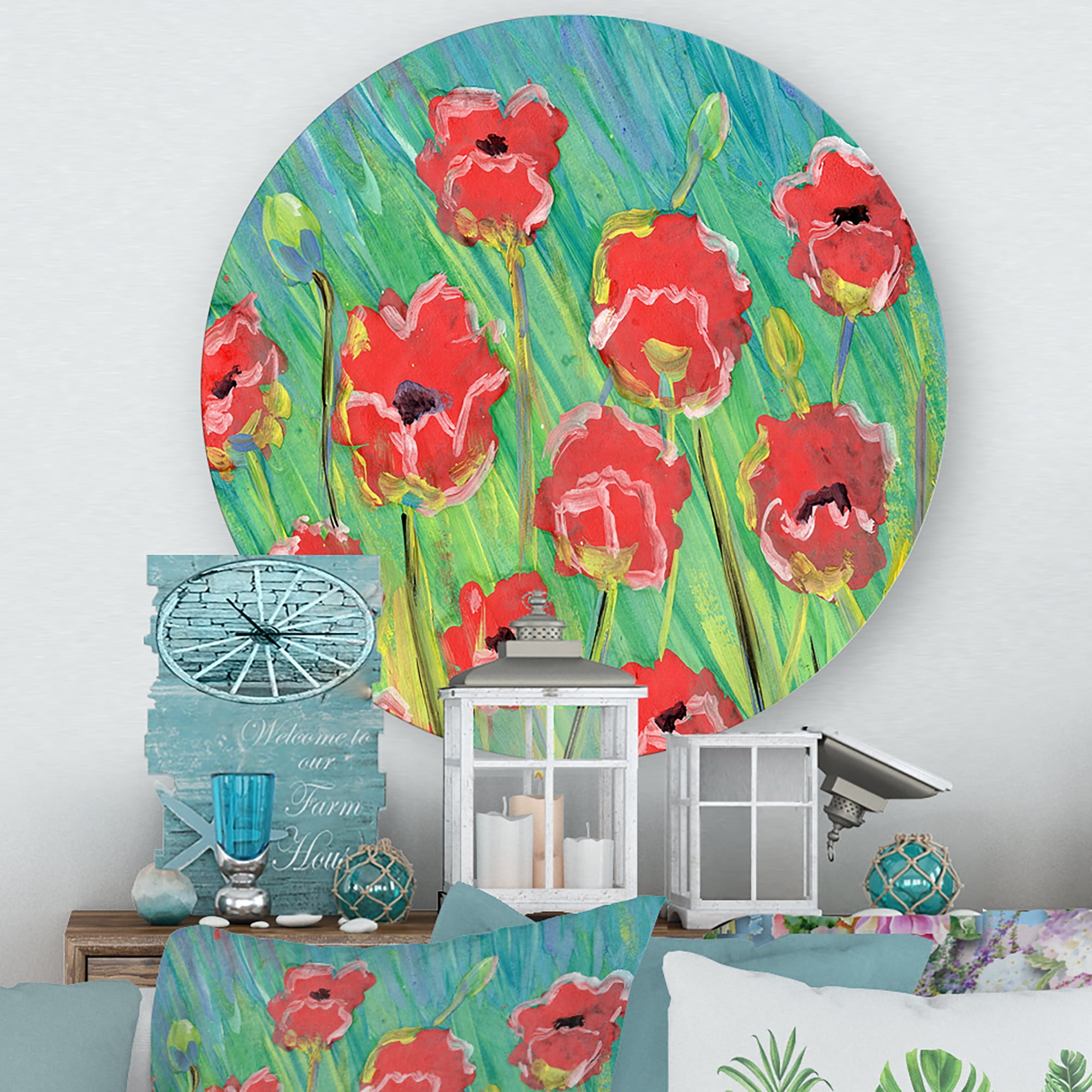 Designart 'Gouache Of Blooming Red Poppies' Traditional Circle Metal Wall Art 23x23 - Disc of 23