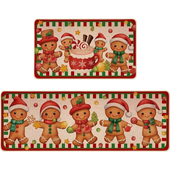 Christmas Kitchen Mat Set of 2, Non-Slip Gingerbread Christmas Kitchen Rugs for Floor Seasonal Winter Home Decor Low-Profile - 17x29 and 17x47 Inch