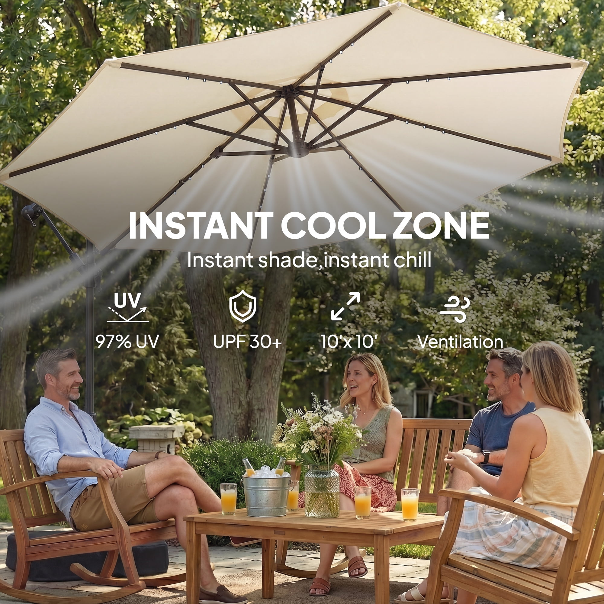 Outsunny 10 ft Cantilever Patio Umbrella with Solar LED Light, Sandbag Weight, Offset Hanging Outdoor Umbrella with Protective Cover, Cream White