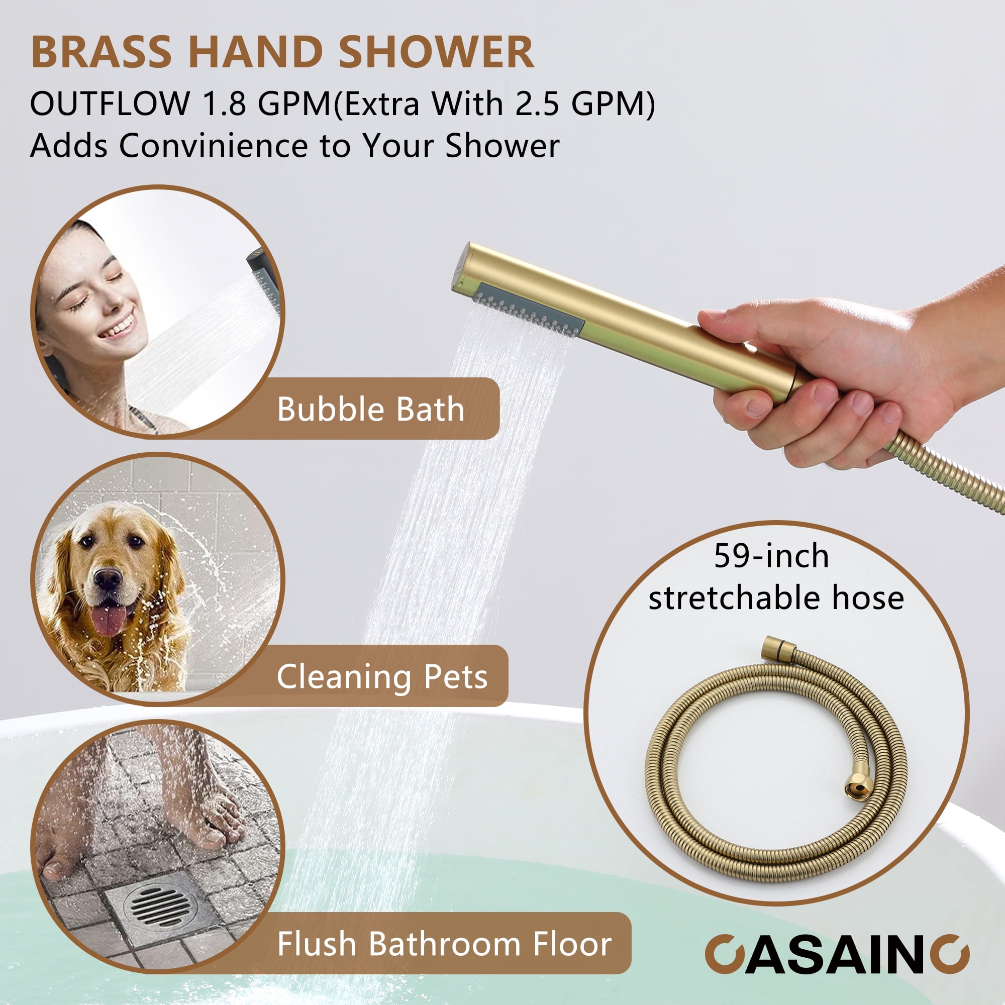 CASAINC Single-Handle Modern Floor Mount Freestanding Bathtub Faucet with Handheld Shower in Brushed Gold