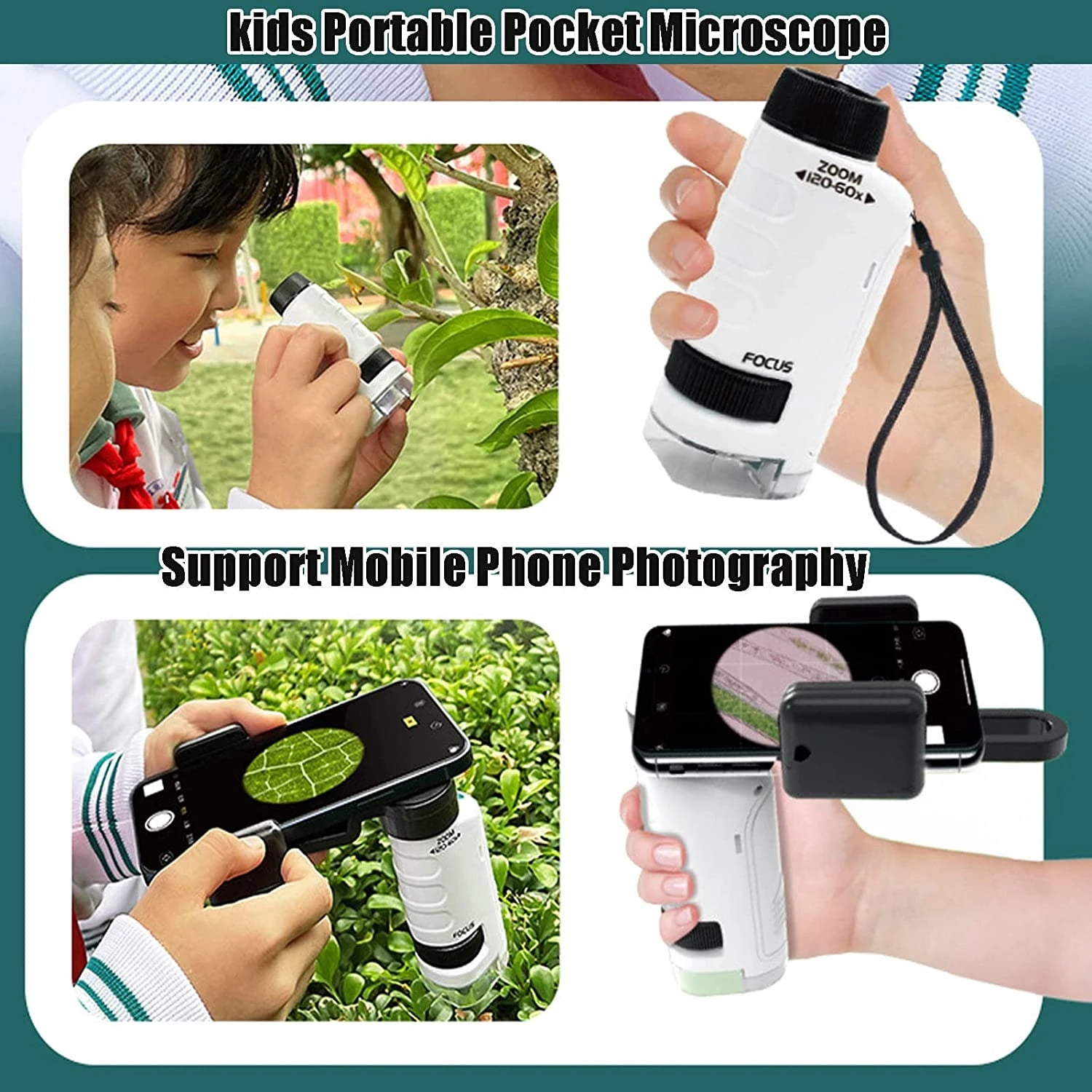 Pocket Microscope, Portable Handheld Microscope with 60x-120x Magnification  and LED Lights, Perfect Mini Microscope for Children's Learning, Education