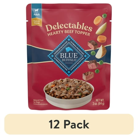 (12 pack) Blue Buffalo Delectables Natural Wet Dog Food Toppers, Hearty Beef, 3-oz Pouch