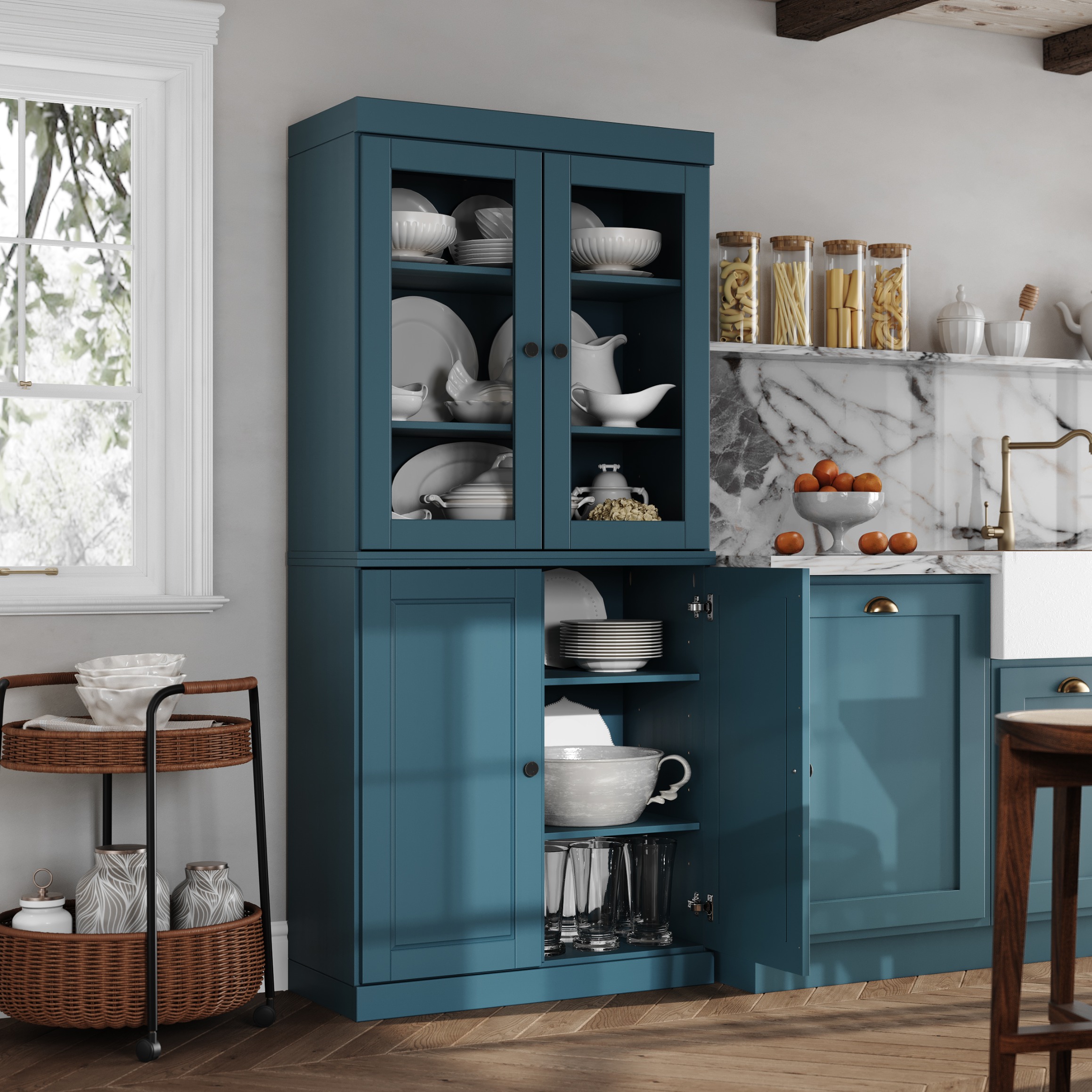 Palace Imports 100% Solid Wood Kitchen Pantry Storage Cabinet with Glass & Raised Panel Doors and Adjustable Shelves, 4-Door, Teal Blue