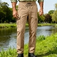 thumbnail image 5 of GuangCheng Mens Elastic Waist Cargo Pants,Drawstring,Army,Multi Pockets,Durable,Thick,Casual Outdoor Work Trousers,Khaki,Size 3XL, 5 of 9