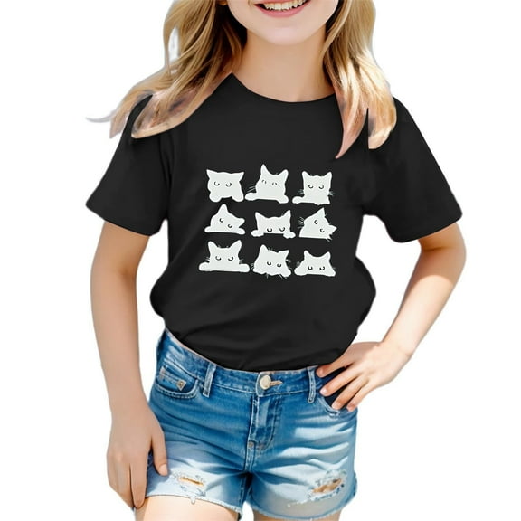 Hiijoy Toddler Girl's T Shirt Cat Print Short Sleeved Crewneck T-Shirt Loose Casual Tshirt
