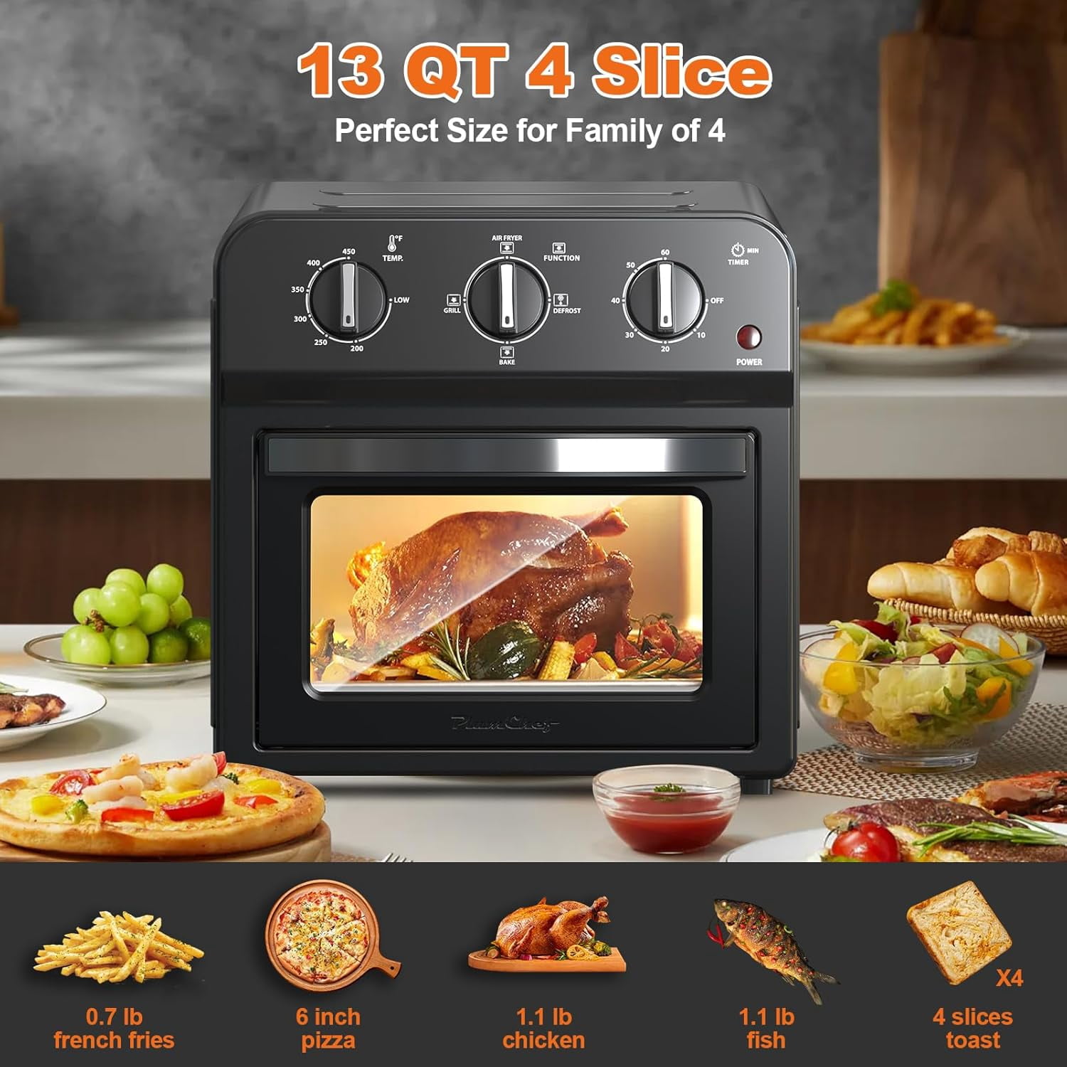PlumChef 13 Quart 4 Slices Air Fryer Convection Toaster Oven, 1500W, Multifunction Oven for Roast, Bake, Grill, Broil, Toast,Black