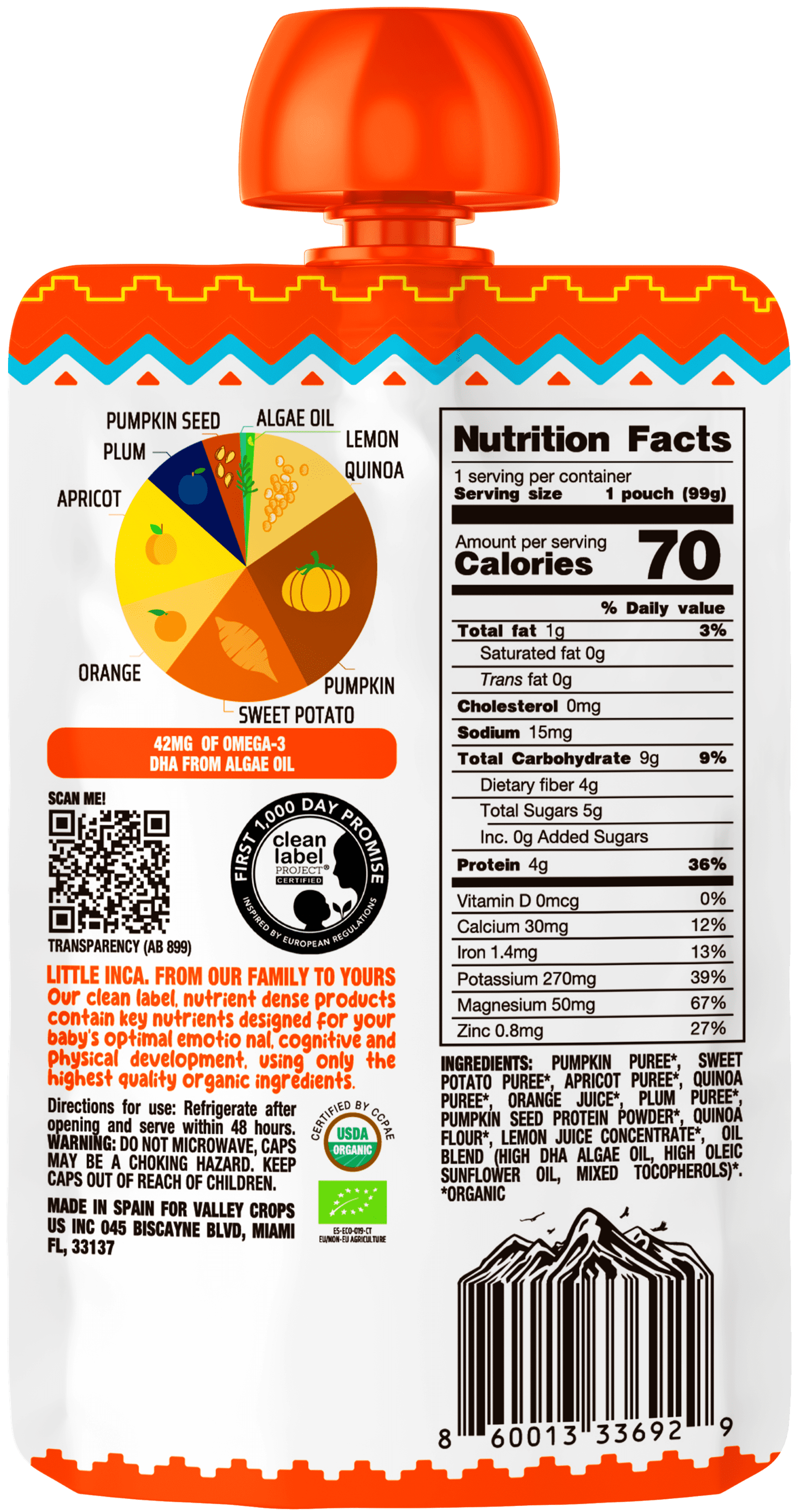 Little Inca Stage 2 Baby Food Pouches, Quinoa Happy Orange Baby Puree, Plant Based High Protein, Dairy-Free, 6 x 3.5oz