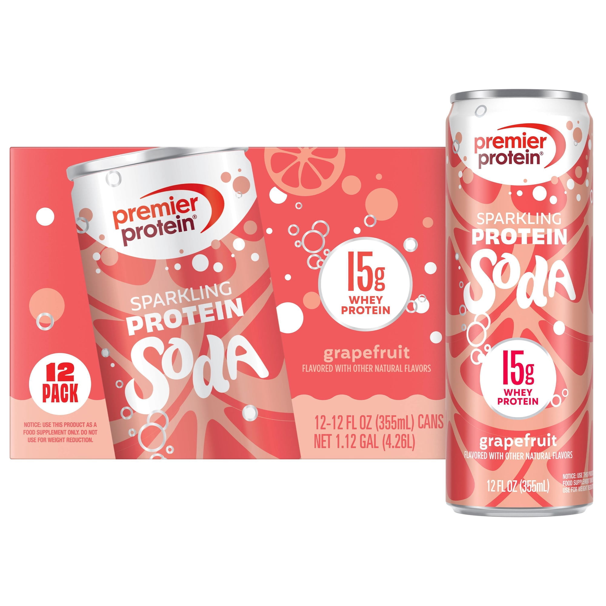 Premier Protein, Sparkling Protein Soda, 15g Protein, Grapefruit, 12 Fl Oz, 12 Ct