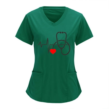 

JWZUY Women Short Sleeve Tops V Neck Scrub Tops Heart Print Shirts Medical Nursing Uniform Tunic Scrub Professional Tees Trendsetting Tshirts Green XL