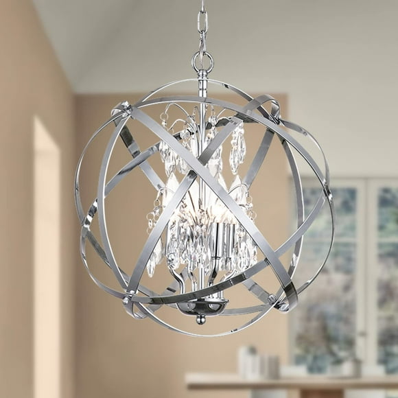 Maxax Globe 4 Lights Crystal Chandelier, Industrial Sphere Cage Ceiling Lighting Raindrop Metal Shade, Adjustable Hanging Pendant Light for Dining Room, Living Room, Foyer, E12 Base, Chrome