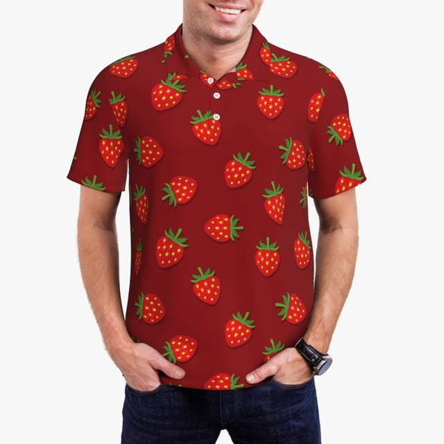 Balery Strawberry Camisa Polo de Hombre con Estampado, de Manga Corta y Tejido Medio, Camisa Tipo Golf Polo-X-Large