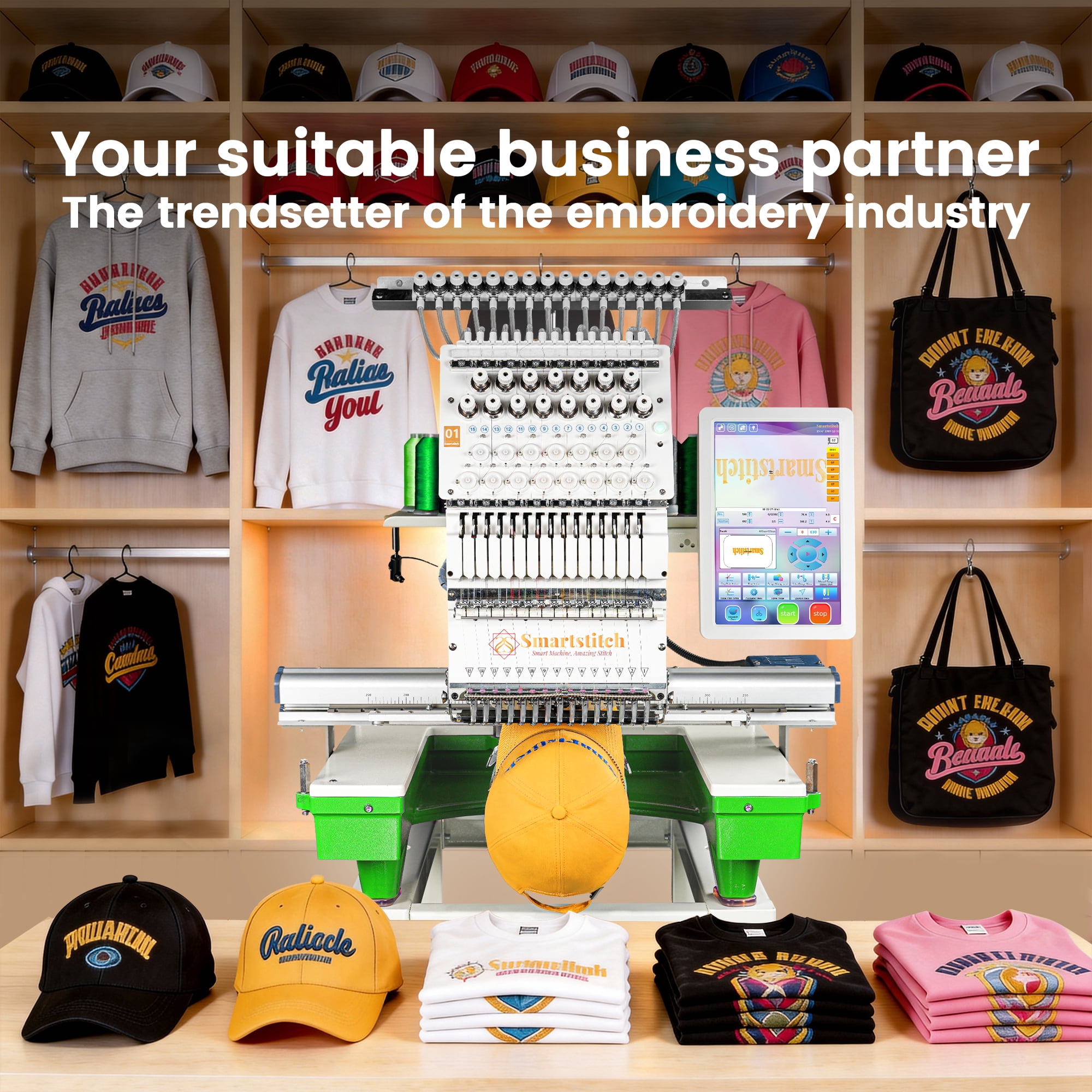 Smartstitch S-1501 Pro 15-Needle Embroidery Machine, 14"x20" Large Area, 1200 SPM, 12" Touch Screen, WiFi - Ultimate for Caps, Apparel & Business Growth (Green Base)