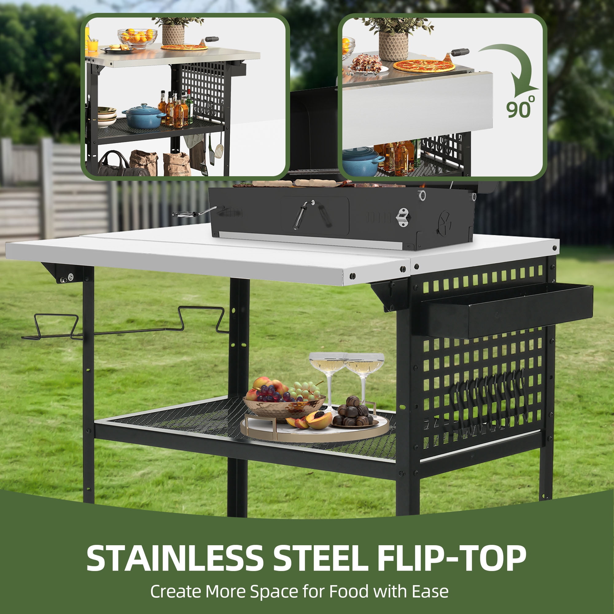 Uforic 3-Tier Grill Cart with Drop Leaf, Outdoor Island Table with Wheels & Hooks, Black