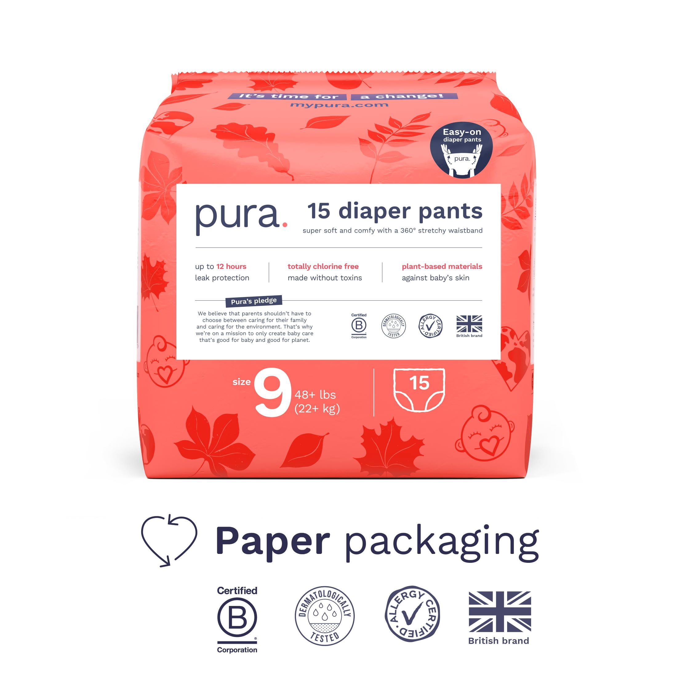 Pura Pull-On Diaper Pants with 360 Degree Stretchy Waistband, Size 9, 15 Count (Choose Your Size and Count)