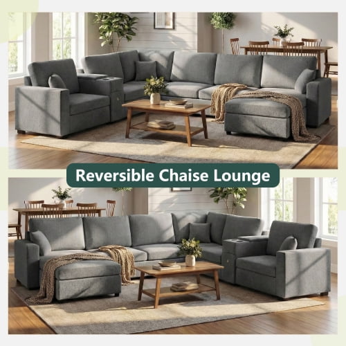 134" U-Shape Modular Sectional Sofa, 5-Seat Couch with Chaise Lounge, Deep Seat, Built-In Cup Holders, Storage Drawer and Pillows, Grey