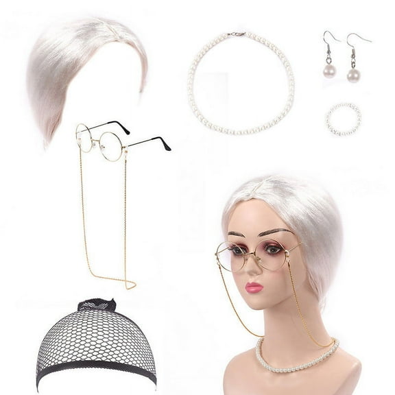 White 7-Piece Bun Wig Set for Elderly People - Granny Cosplay, Old Lady Wig, Glasses, Pearl Necklace, Earring, Bracelet, Halloween Costume, Women’s Accessory Set Wedding, Halloween, Christmas,Season