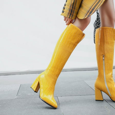 

Cyber Monday Clearance Juebong Autumn And Winter Thick High-heeled Pointed Toe Slim Boots Side Zipper Print Warm High-top Boots