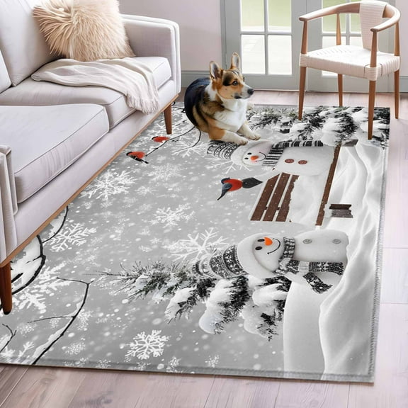 Grey Christmas Area Rug 4x6 Washable Rug Non Slip Snowman Snowflake Xmas Tree Birds Branch Large Area Rug Indoor Floor Carpet for Entryway Bedroom Kitchen Living Room Home Office Dining Room Nursery