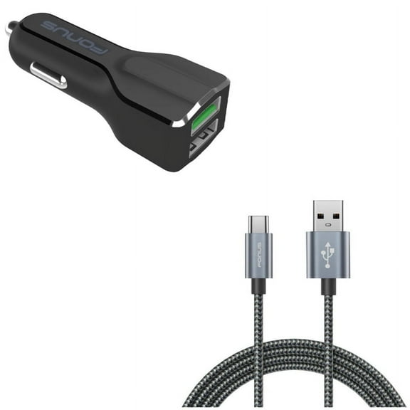 Charger Cord Type-C 10ft USB Cable w 2-Port USB 30W Car Charger J3J for LG Stylo 5 4 Plus - Microsoft Surface Go (10"), Lumia 950 - Motorola One, Moto Z4 Z3 Play Z2 Play Z Play Droid Force