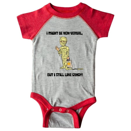 

Inktastic Nonverbal Trick or Treater I might be Nonverbal but I Still like Candy Mummy Gift Baby Boy or Baby Girl Bodysuit