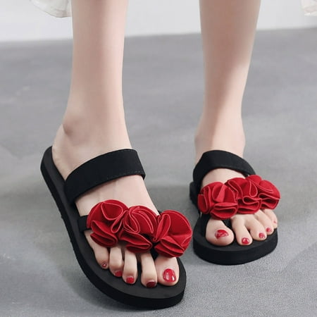 

MRULIC slippers for women Women Beach Breathable Flowers Sandals Home Slipper Flip-Flops Flat Shoes house slippers for women Red + US:8