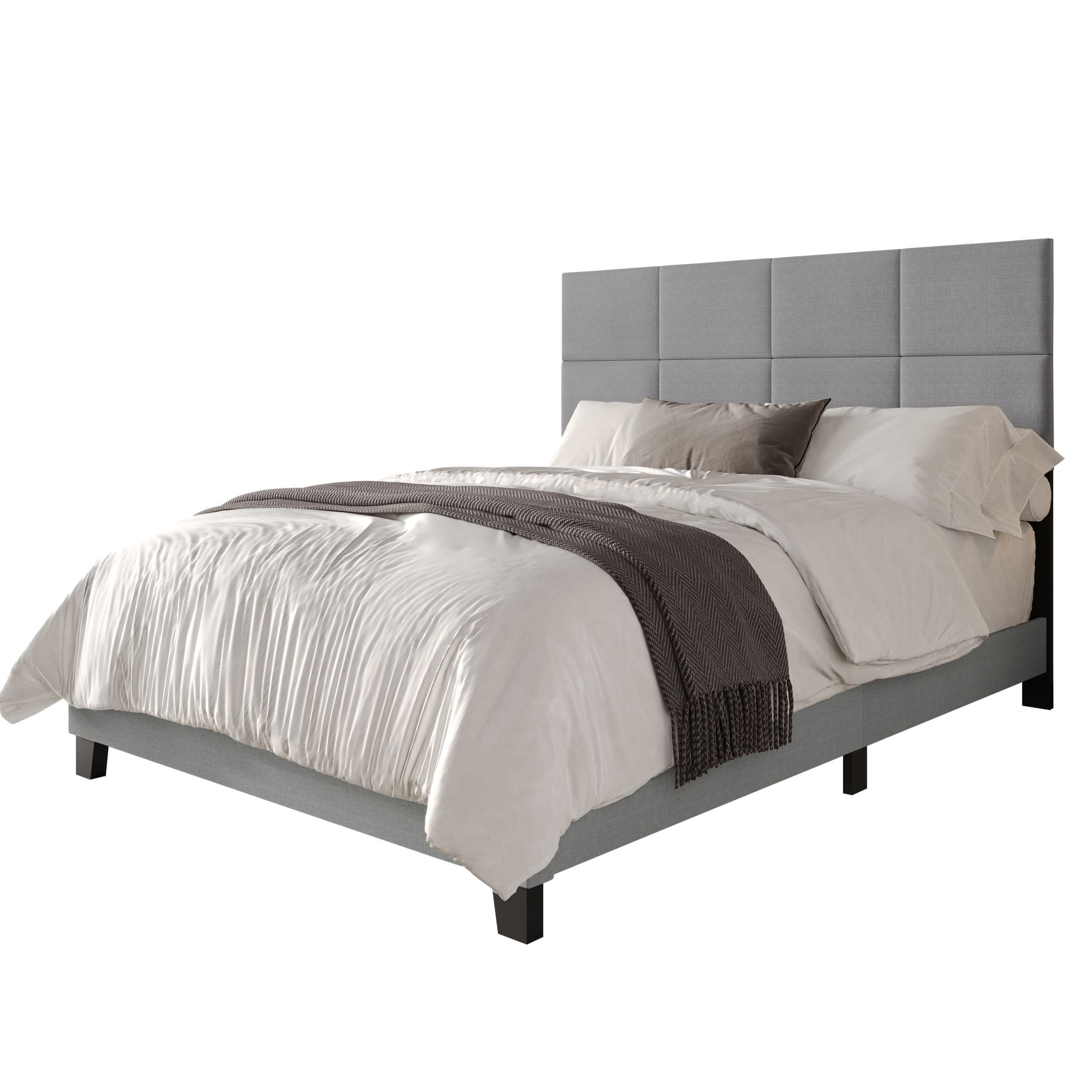Home Design Lufkin Twin Upholstered Panel Bed Frame with Checkered Tufted Headboard & Foam-Filled Comfort, Gray, Easy Assembly