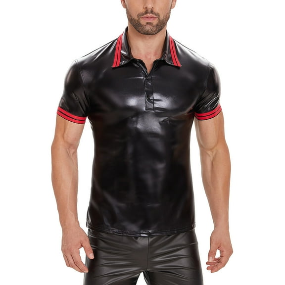Men Shiny Patent Leather Polo Shirt, Short Sleeve, Male Soft Leather Casual Tops