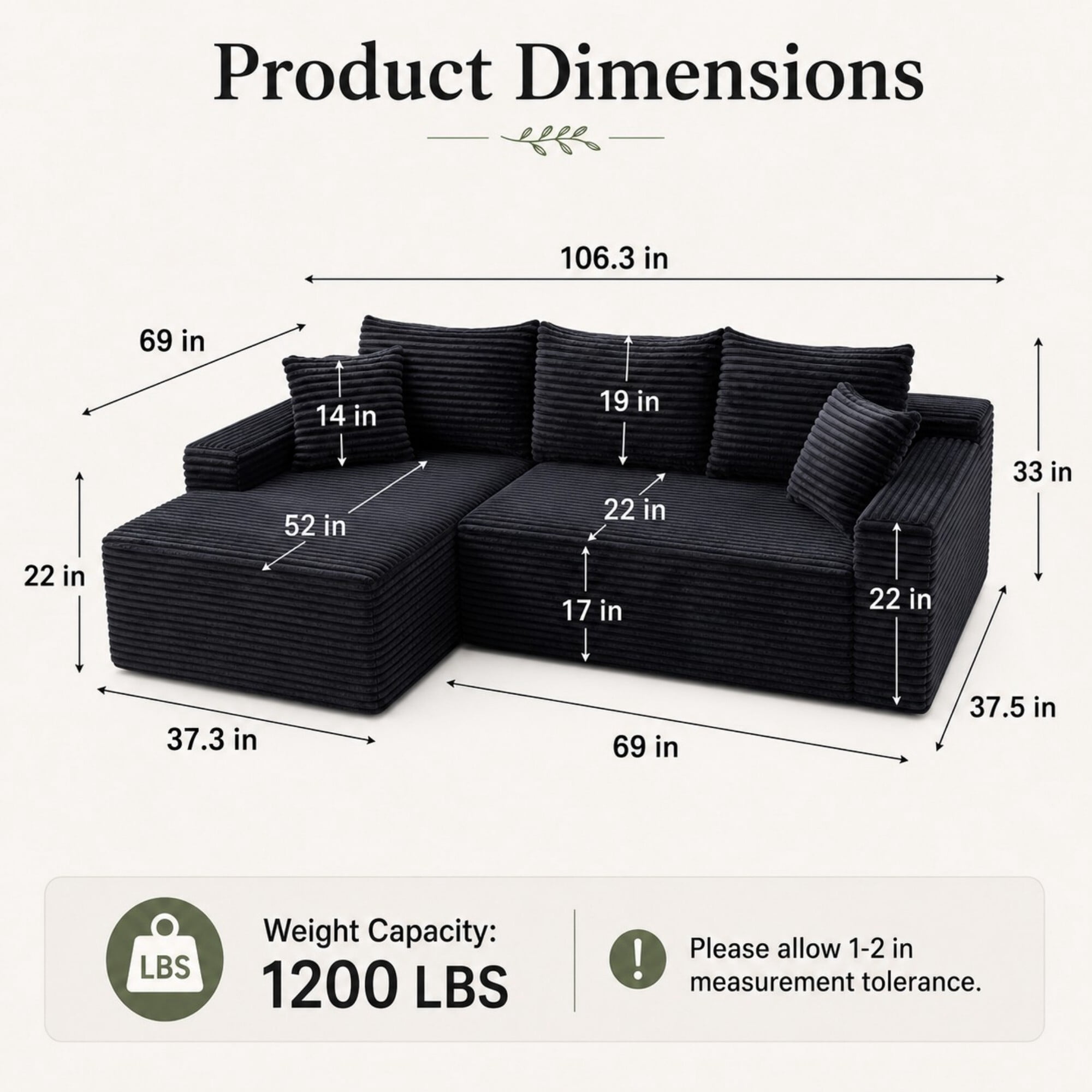 DEALTOPS 106 Inch Modular Corduroy Sectional Sofa with Left Chaise, No Assembly Required, Black