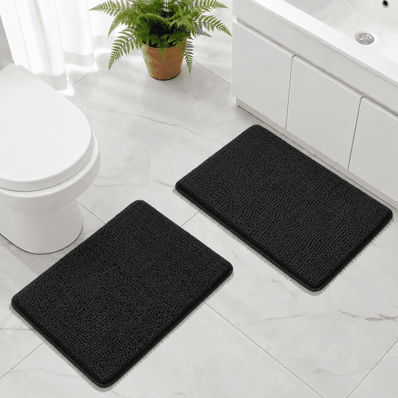 Black 24×17 Plus 24×17 2 Piece Thick Absorbent Chenille Bathroom Bath Rug Set