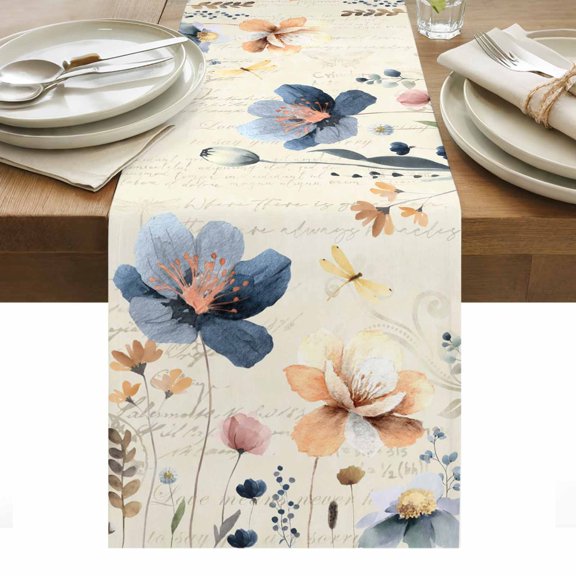 Blue Yellow Flowers Table Runner - 108 Inch Long, Kitchen Dining Table Runner Dresser Scarves, Spring Summer Garden Wildflowers Retro Farmhouse Decor for Coffee Tables Wedding Party Banquet