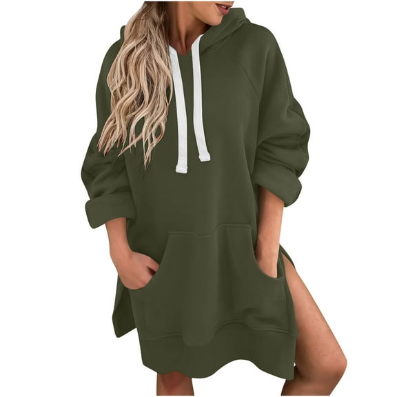Women's Oversized Hoodies Fall Pullover Casual Long Sleeve Split Hem Sweatshirts Trendy Basic Tunic Tops with Pockets (L, Army Green)