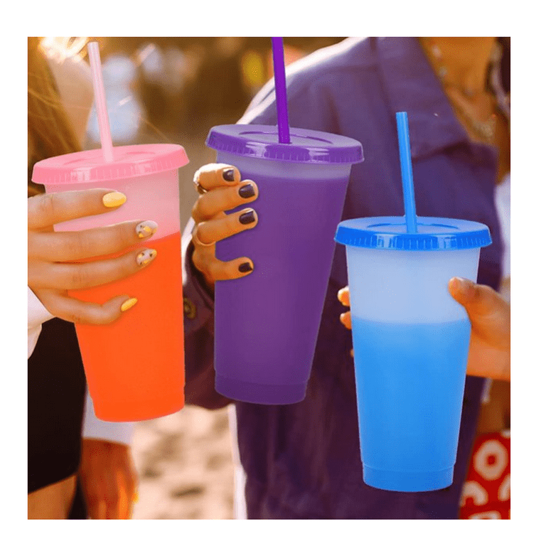 16 OZ Reusable Plastic Cups, 6 Pack Plastic Tumblers with Lids and Straws,  Color Changing Cups for Kids Adults, Cold Party Drinking Cups, Smoothie Cups  
