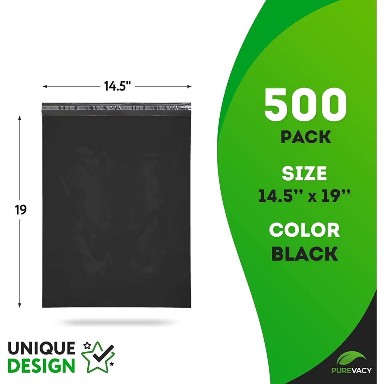 PUREVACY Poly Mailers 14.5 x 19. In Bulk Pack of 500 Black Plastic Envelopes 2 Mil. Large Mailing Bags for Clothes.
