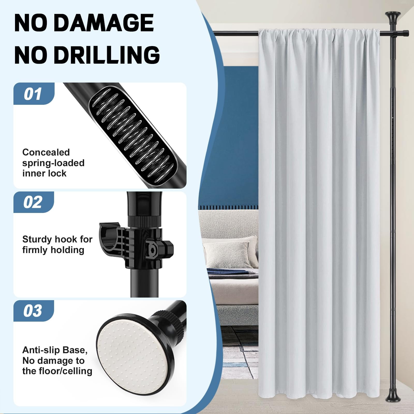 LCOKEIY Room Divider No Drilling Curtain Rods for Windows, 4-10ft(H) 28-144inch(W) Adjustable, Heavy Duty Curtain Rods Tension Rod Space Separator Ceiling Mounted, Black