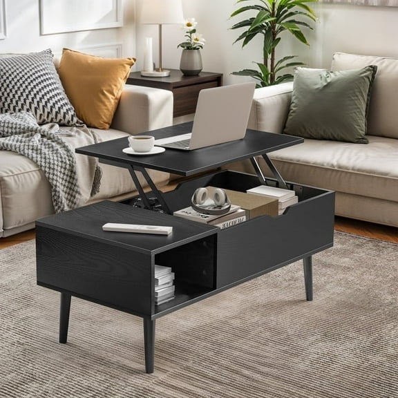 TINKLE WELL Lift-Top Coffee Table, Multi-Functional Hidden Storage & Height Adjustment Wooden Dining Center Table, Black