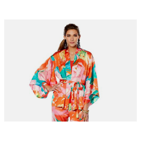 N Natori Printed Silky Satin Tie Belted Topper Wrap Paradise Multi color, 1X