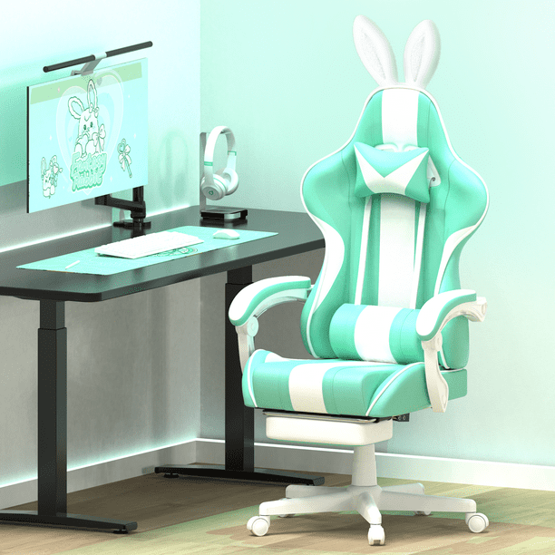 Soontrans Chair Leather Gaming Chair with Footrest and Massage Lumbar Support Light Green