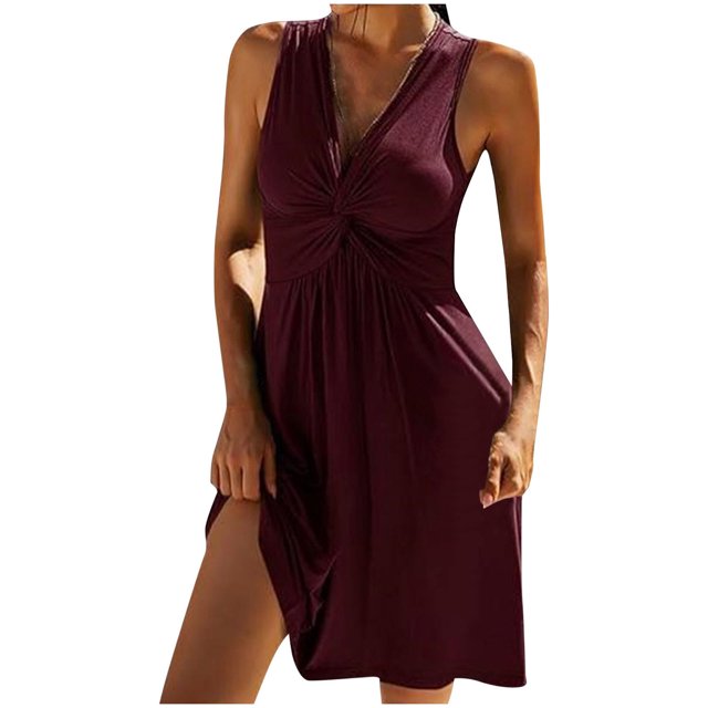 FcBaudy Robe Sans Manches à Col en V, Robes pour Femmes, Robes d'Été pour Femmes Robe d'Été Unie à Taille Élastique Sans Manches pour la Plage