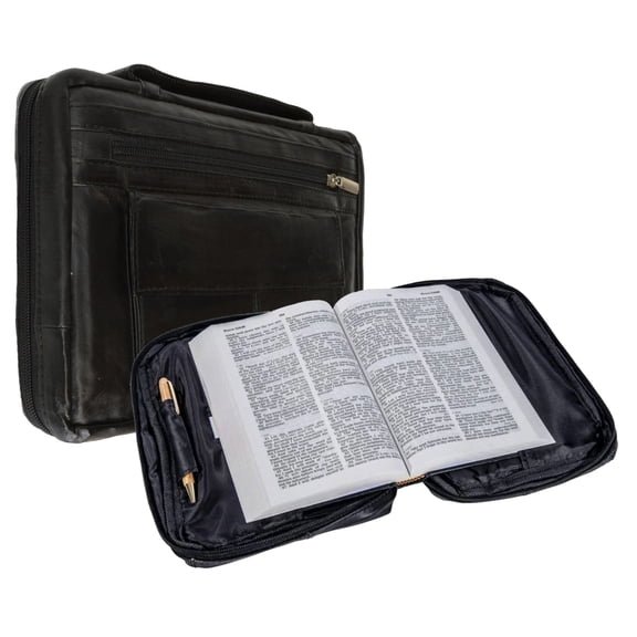 Black Genuine Leather Bible Cover Zippered Bag Book Organizer Brief Case