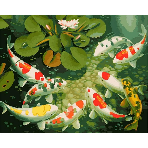 shiyou-Paint by Numbers Adults Kits DIY Paint by Numbers Including Canvas Acrylic Paint Wall Art Artwork Home Wall Decor 16X20 Inch (Spring Lotus Pond Koi Fish, Frameless)