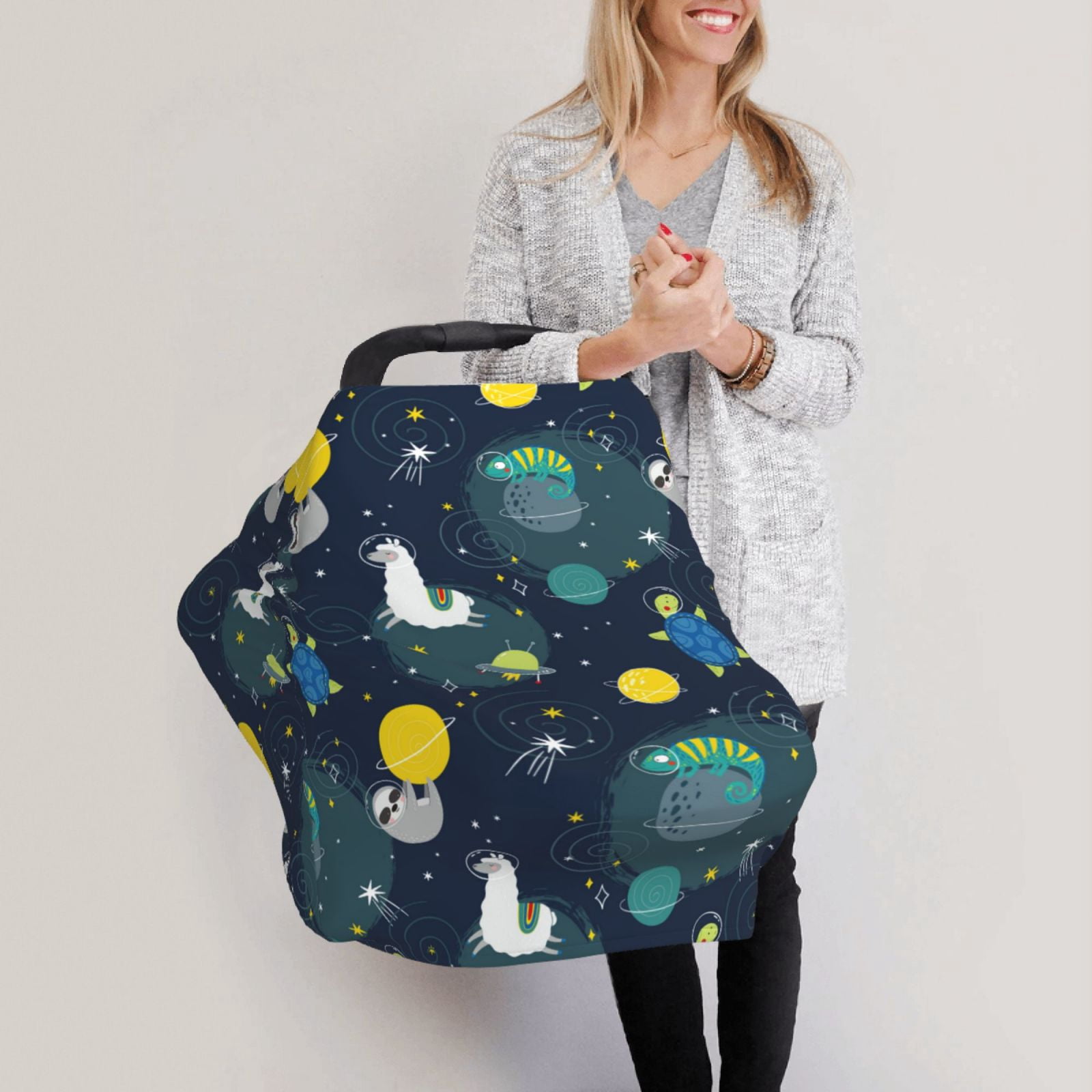 Fotbe Space and Animals Pattern Car Seat Covers for Babies, Nursing Breastfeeding Cover Infant Carseat Canopy, Soft Stretchy Carrier Cover