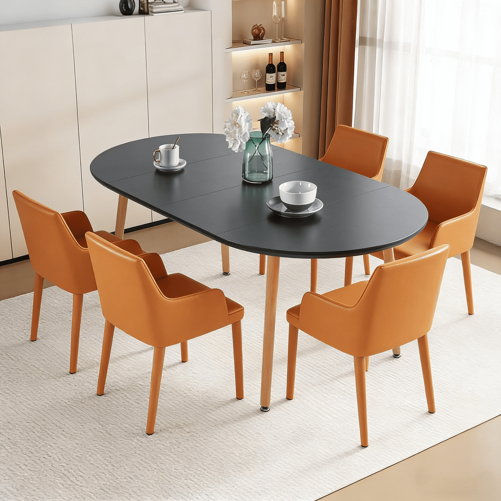 Extendable Round Dining Table, 39"-70.8" Black Farmhouse Kitchen Table with Leaf, Oval Dining Table for 4-8 People, Sturdy Mid-Century Modern Home Table
