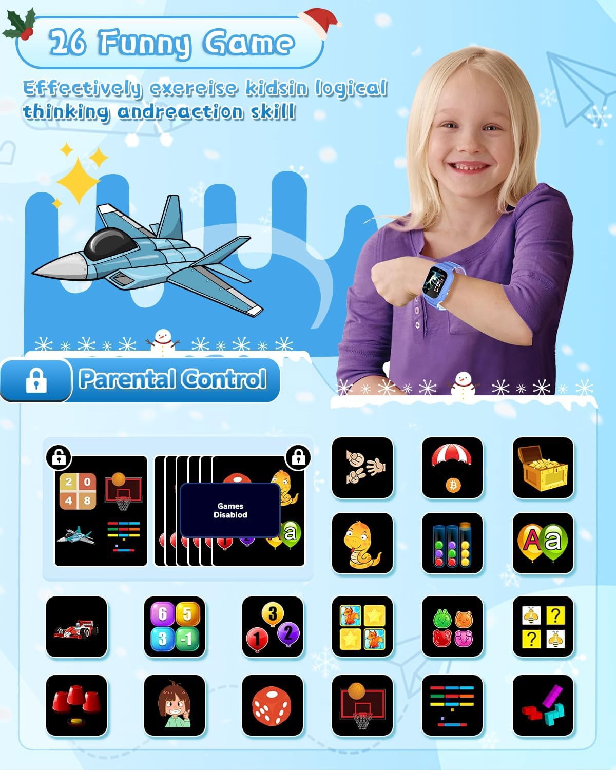 Kids Waterproof Smart Watch for 3-12 Year Old Boys Girls Learning Toys with 26 Puzzle Game 1.44'' HD Touchscreen Camera Video Music Audible Story Pedometer Alarm Watch for Christmas Learning Toy Gift