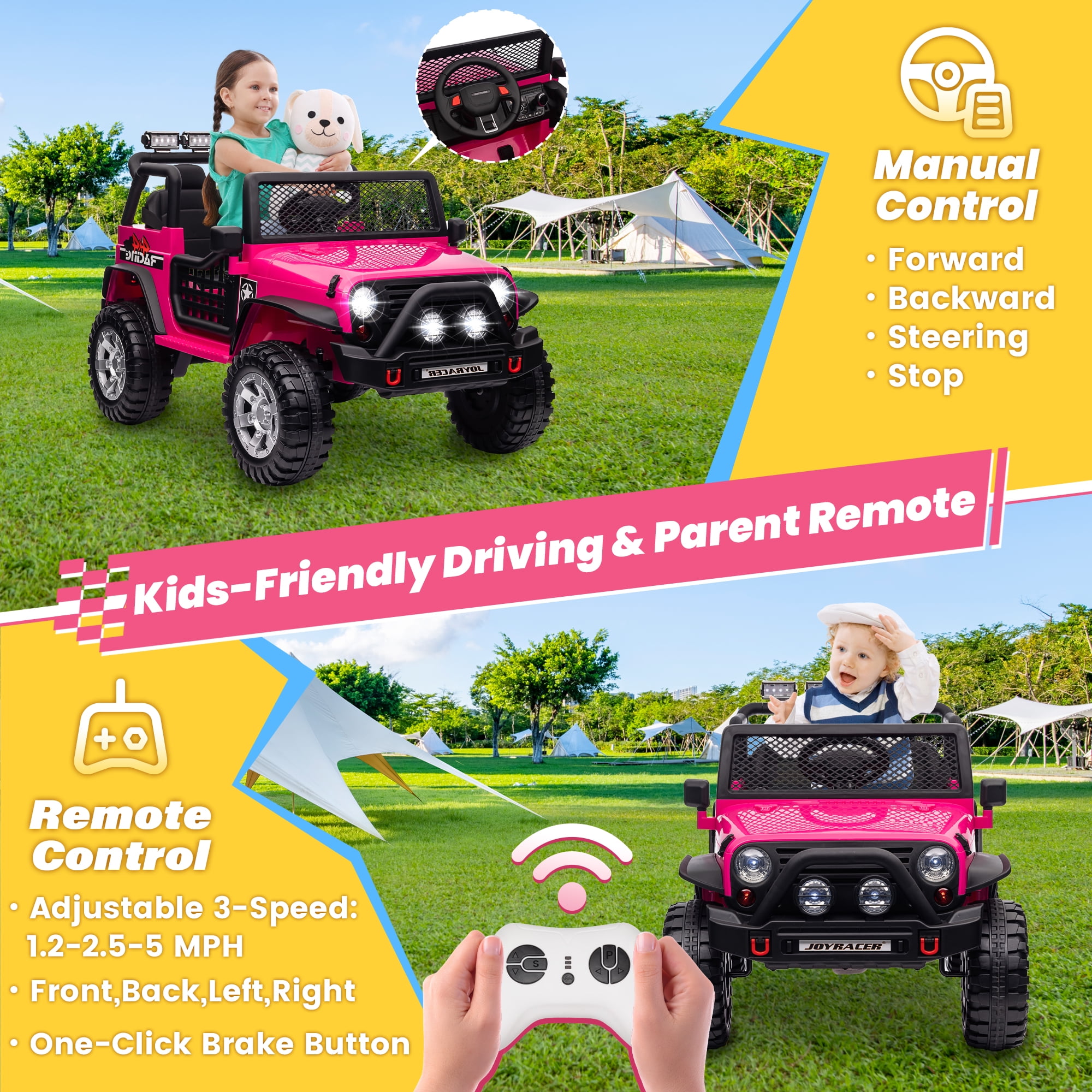 Joyracer 24V 2 Seater Kids Ride on Truck with Remote Control, 4×200W Motor, Electric Battery Powered Toys Car w/ 4 Wheels Spring Suspension, 3 Speeds, LED Lights, Bluetooth Music, Rose Pink