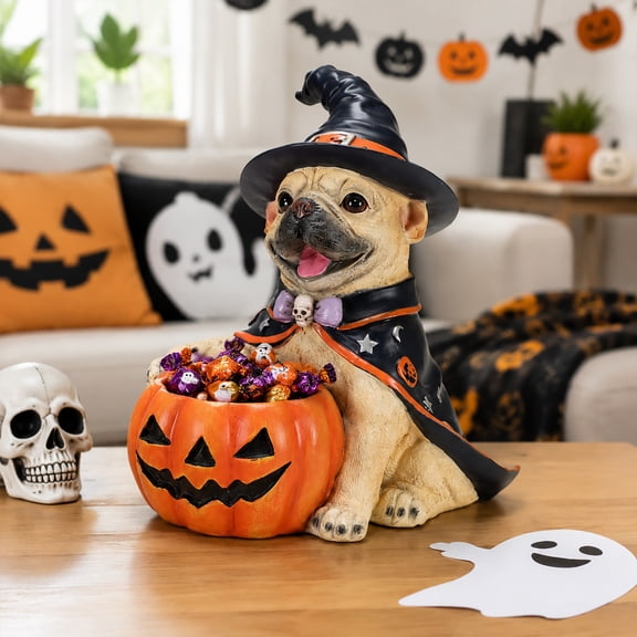 Luckynote Halloween French Bulldog Witch Puppy Figurine, Cute Dog Holding Pumpkin Candy Bowl Decoration
