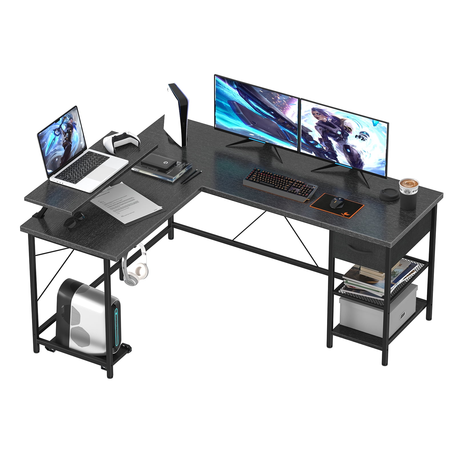VEVOR L Shaped Computer Desk, 54'' Corner Desk with Storage Shelves & CPU  Stand, Work Desk Gaming Desk for Home Office Workstation, Black