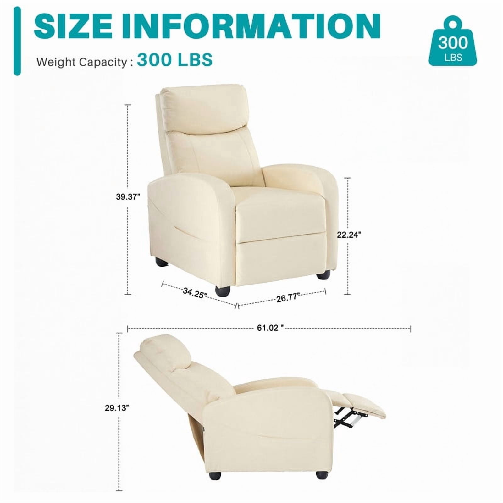 Gianna Recliner Chair No Massage, Home Theater Seating with Lumbar Support, Adjustable Push Back Overstuffed High-Density Sponge Reclining for Living Room, Beige