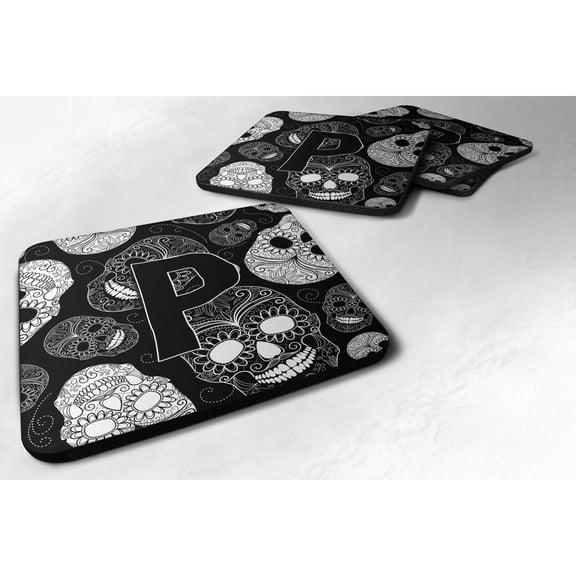 Letter P Day of the Dead Skulls Black Foam Coaster Set of 4